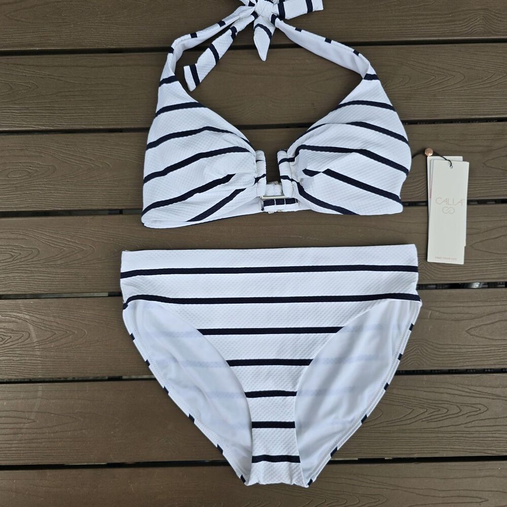 CALIA Women Blue/white Strip U Bar Halter Top & Mid Rise Floral Bikini Sz S New